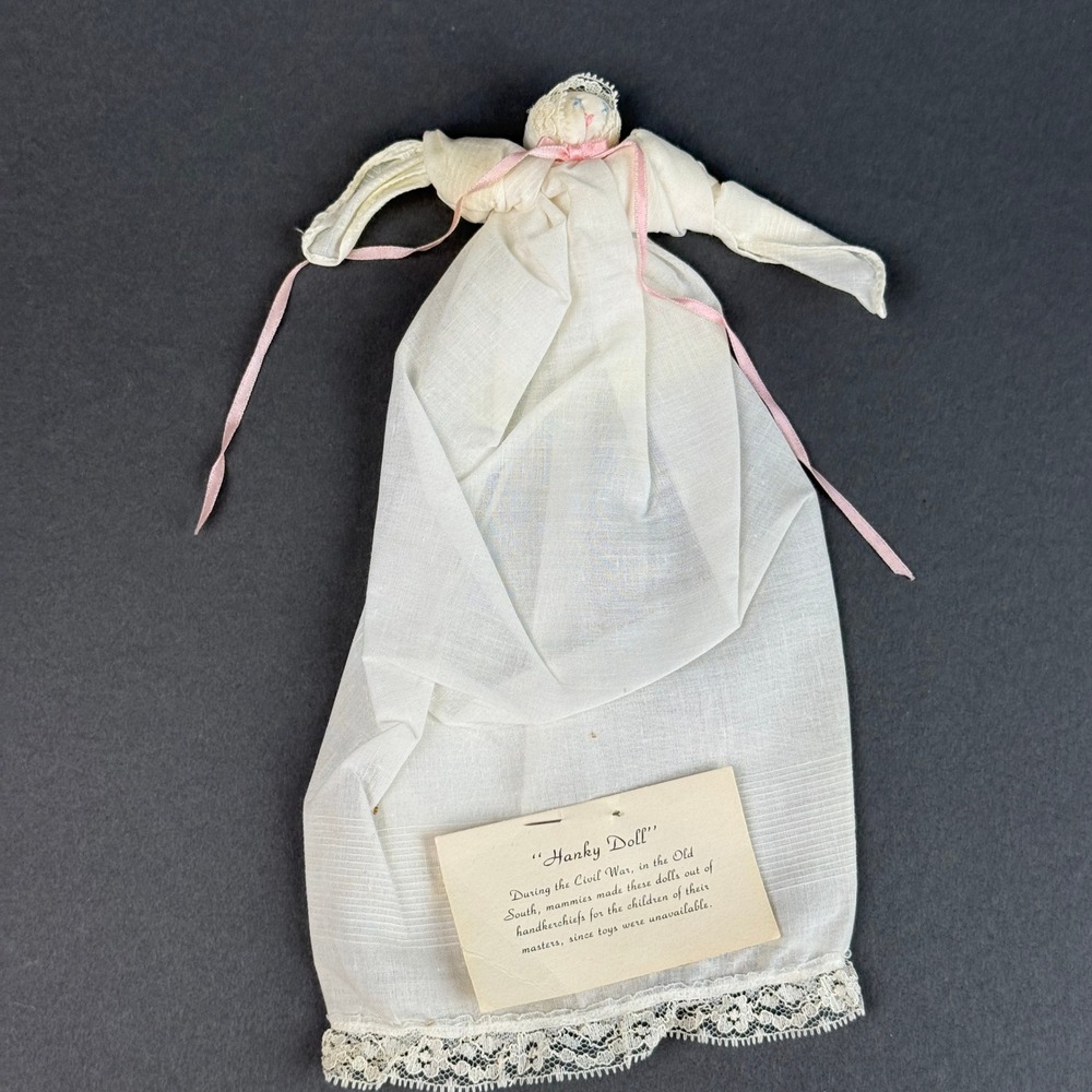 Vintage Hanky Doll Handmade Handkerchief Folk Art White Lace Pink Ribbon